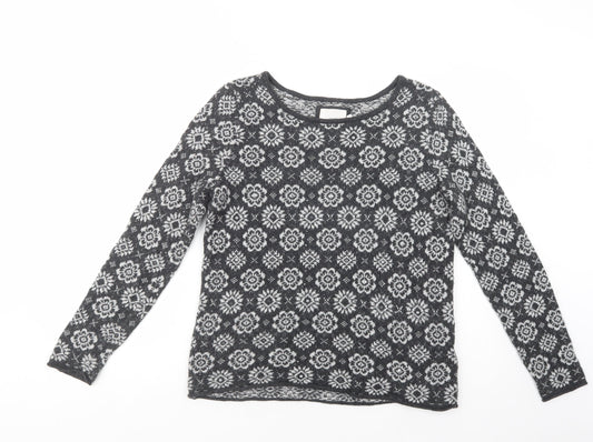 H&M Womens Grey Boat Neck Floral Cotton Pullover Jumper Size M