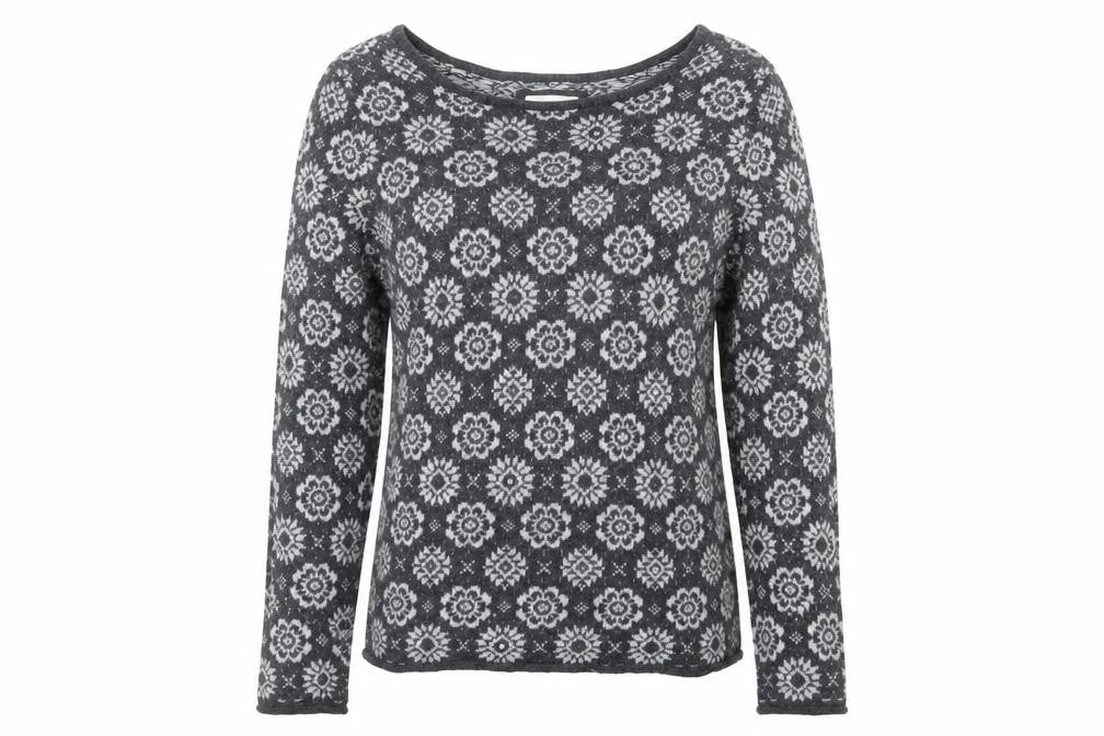 Front view of H&M women’s grey boat neck floral cotton jumper, size M
