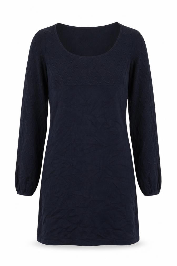 Front view of Oasis women’s blue cotton jumper dress, size XS, round neck pullover