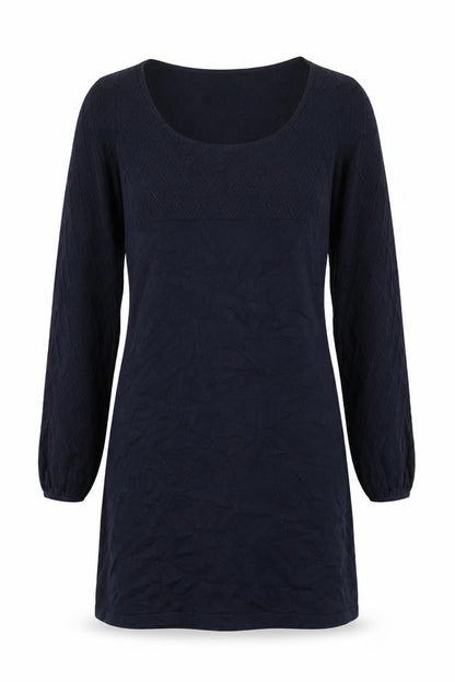 Front view of Oasis women’s blue cotton jumper dress, size XS, round neck pullover