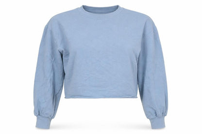 Front view of H&M women’s blue cotton pullover sweatshirt, size S, pullover