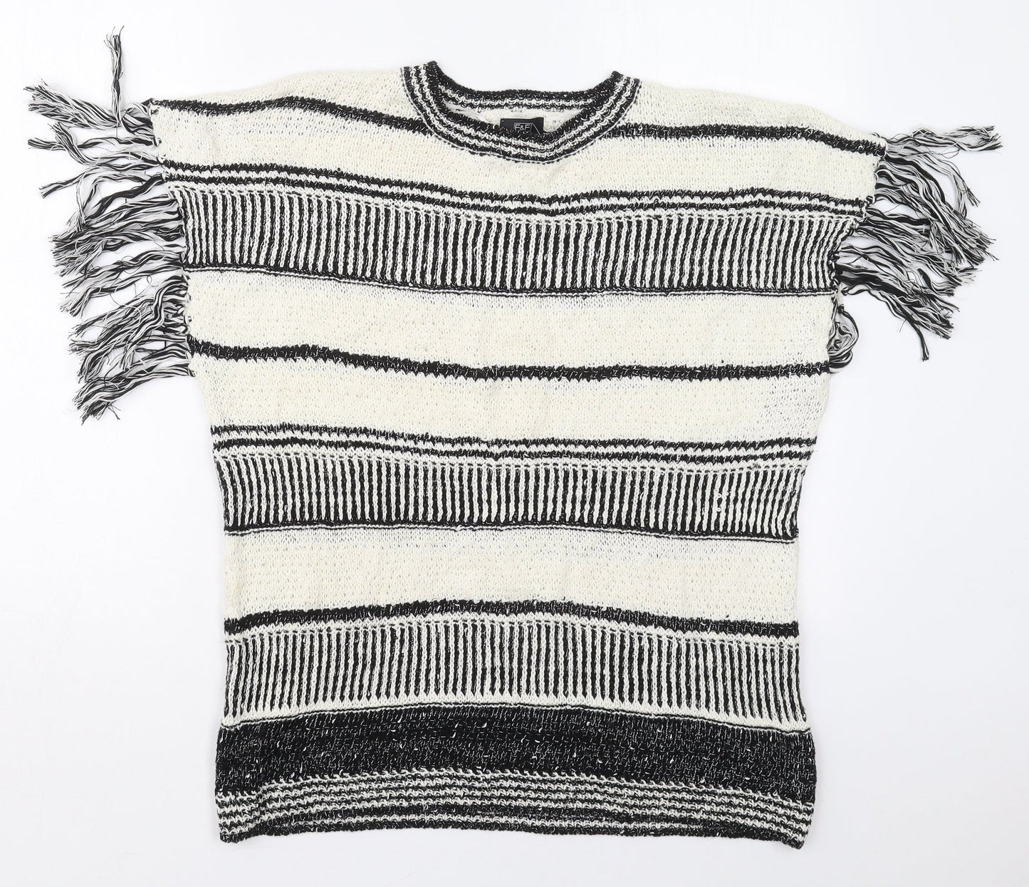 F&F Womens White Crew Neck Striped Cotton Pullover Jumper Size 14