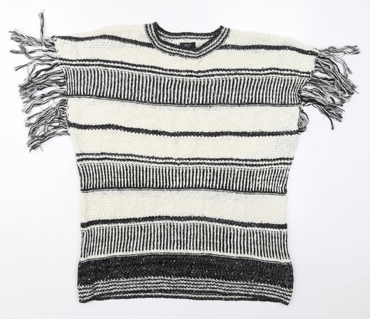 F&F Womens White Crew Neck Striped Cotton Pullover Jumper Size 14