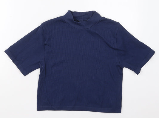 Dunnes Womens Blue  Nylon Cropped T-Shirt Size M Mock Neck Pullover