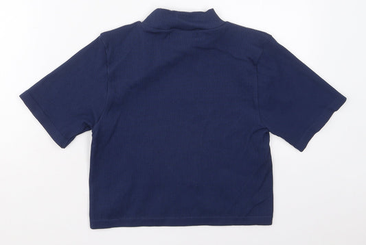 Dunnes Womens Blue  Nylon Cropped T-Shirt Size M Mock Neck Pullover