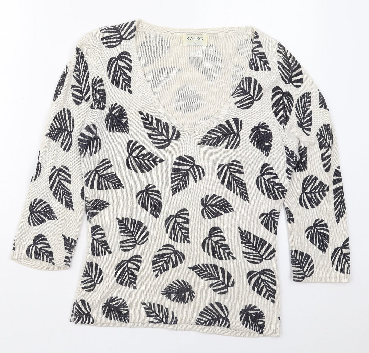 Kaliko Womens Brown V-Neck  Viscose Pullover Jumper Size 10   - Leaf Prints