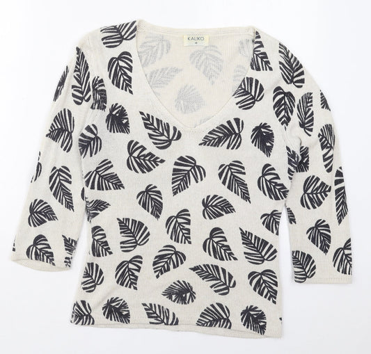 Kaliko Womens Brown V-Neck  Viscose Pullover Jumper Size 10   - Leaf Prints