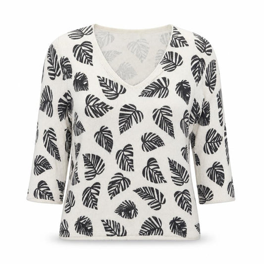 Front view of Kaliko women’s brown v-neck viscose jumper, size UK 10, - leaf prints