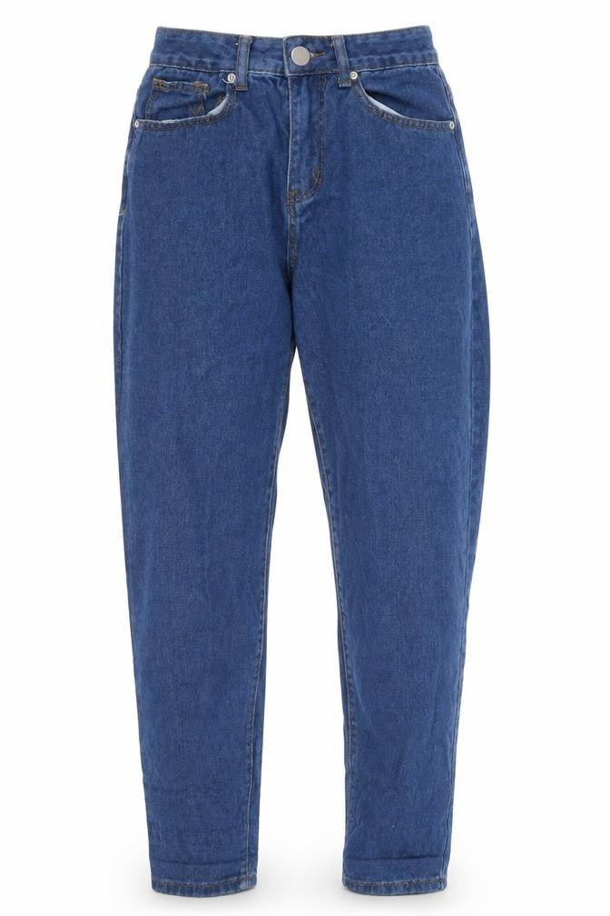 Front view of PRETTYLITTLETHING women’s blue cotton mom jeans, size UK 4, 28-inch leg regular button