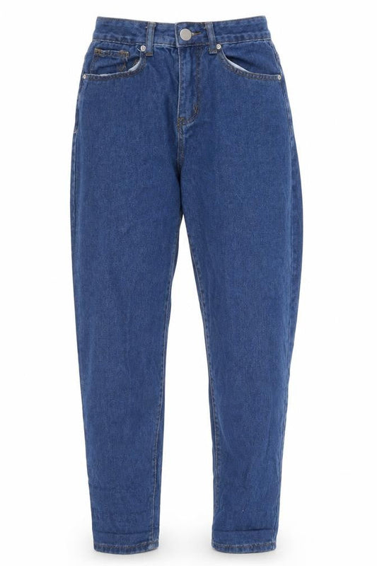 Front view of PRETTYLITTLETHING women’s blue cotton mom jeans, size UK 4, 28-inch leg regular button