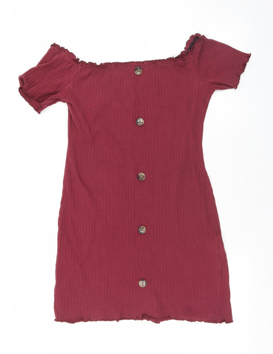 SheIn Womens Red  Cotton Bodycon  Size L  Round Neck Pullover - Button Detail