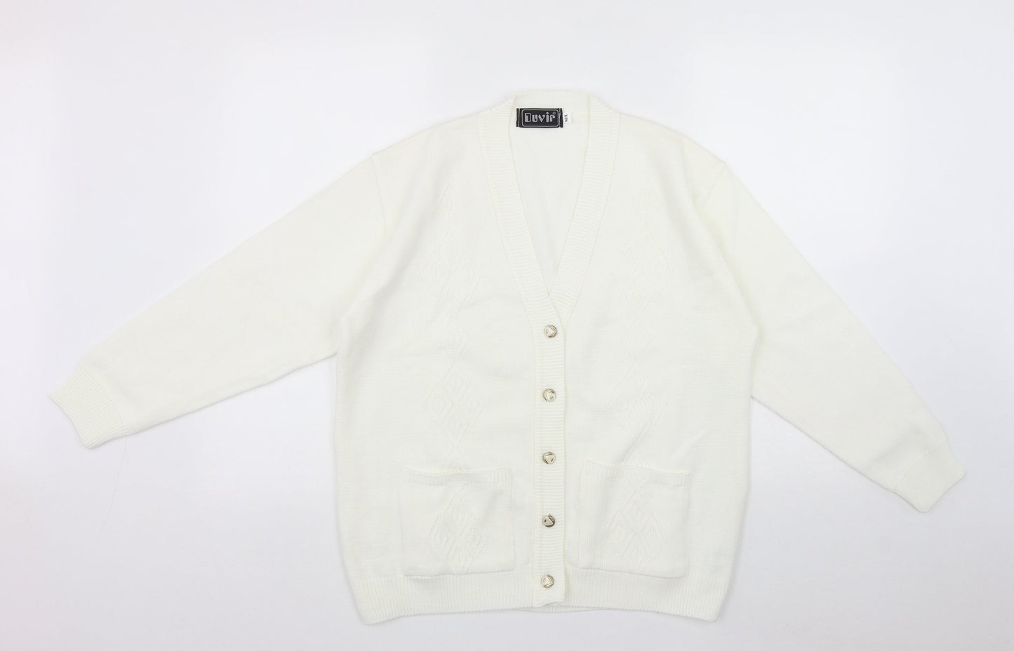 Duvir Womens White V-Neck  Acrylic Cardigan Jumper Size M
