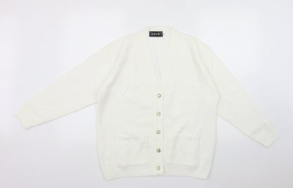 Duvir Womens White V-Neck  Acrylic Cardigan Jumper Size M
