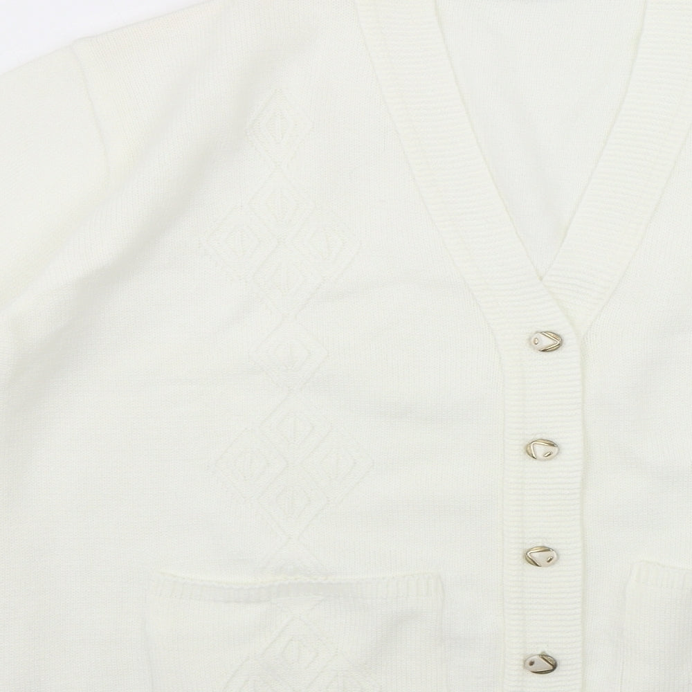 Duvir Womens White V-Neck  Acrylic Cardigan Jumper Size M