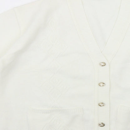 Duvir Womens White V-Neck  Acrylic Cardigan Jumper Size M