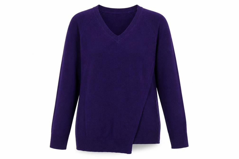 Front view of Marks & Spencer women’s purple v-neck viscose jumper, size UK 8, - cross over detail