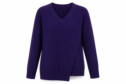 Front view of Marks & Spencer women’s purple v-neck viscose jumper, size UK 8, - cross over detail