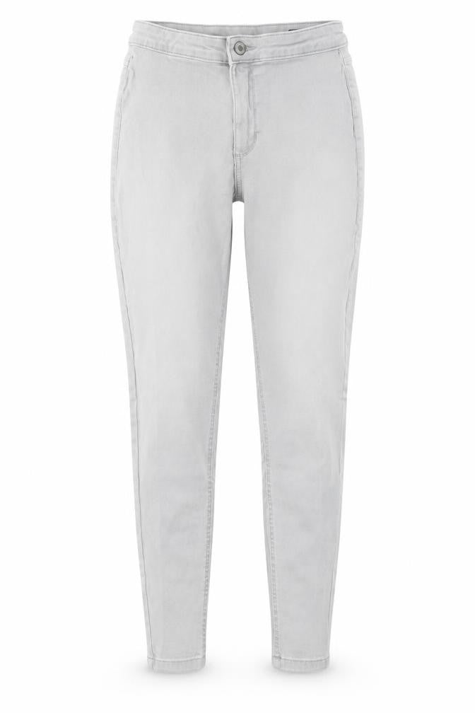 Front view of Marks & Spencer women’s grey cotton skinny jeans, size UK 12, 25-inch leg slim button