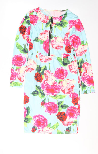 Preworn Womens Blue Floral Cotton A-Line  Size L  Round Neck Zip