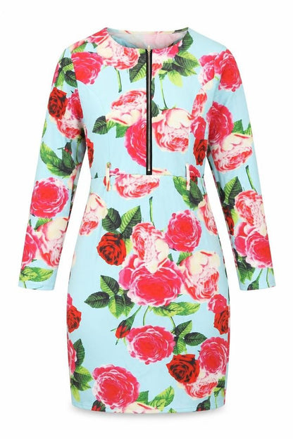 Front view of women’s blue floral cotton a-line, size L, round neck zip