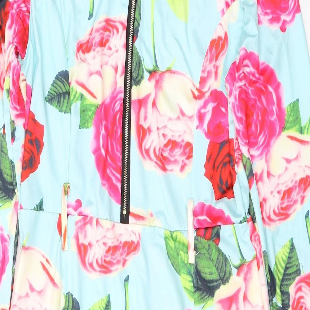 Preworn Womens Blue Floral Cotton A-Line  Size L  Round Neck Zip