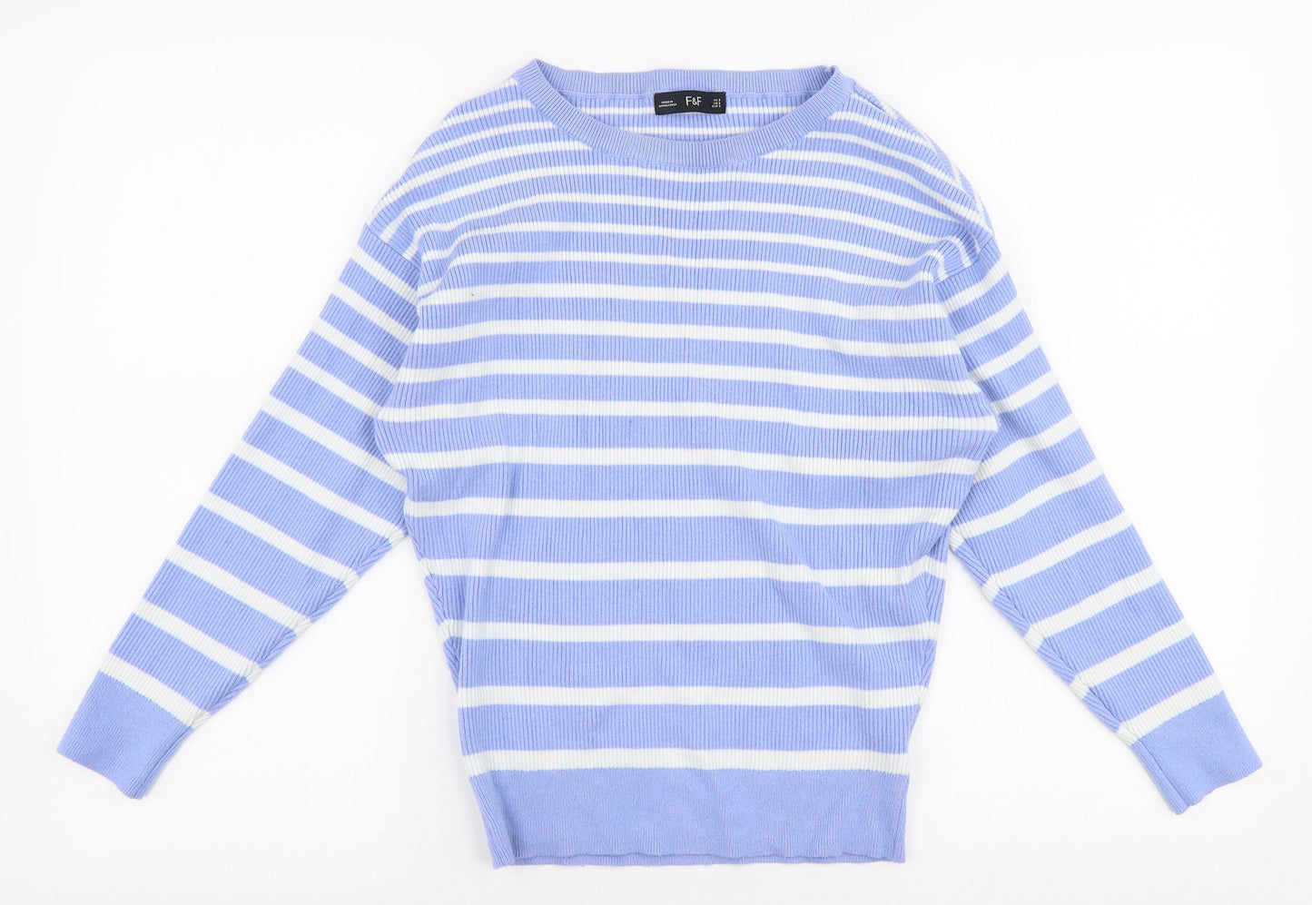 F&F Womens Blue Round Neck Striped Viscose Pullover Jumper Size S