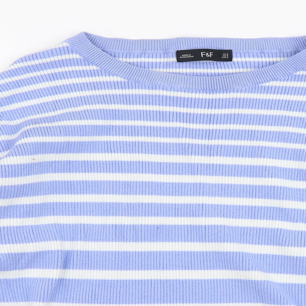 F&F Womens Blue Round Neck Striped Viscose Pullover Jumper Size S