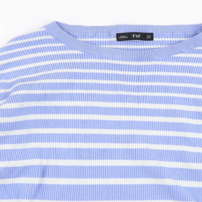 F&F Womens Blue Round Neck Striped Viscose Pullover Jumper Size S