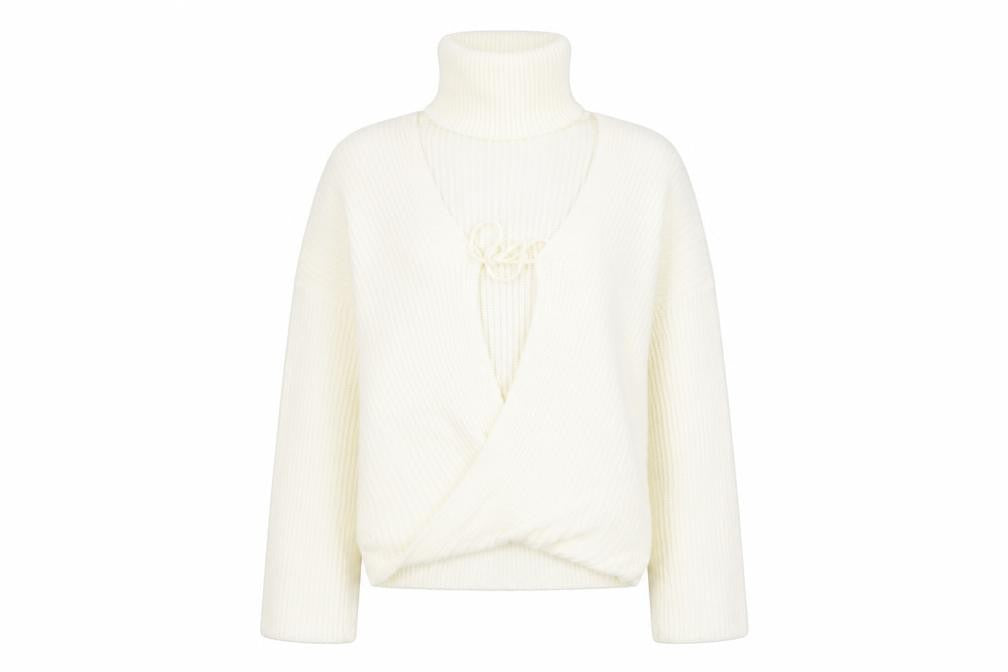 Front view of In the Style women’s ivory roll neck acrylic cardigan jumper, size UK 8