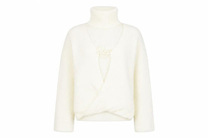 Front view of In the Style women’s ivory roll neck acrylic cardigan jumper, size UK 8