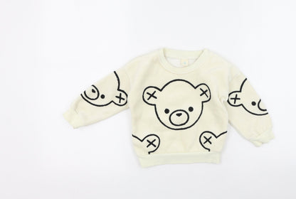 Preworn Boys White Round Neck Animal Print Cotton Pullover Jumper Size S  Pullover