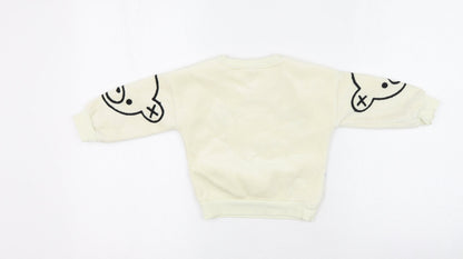Preworn Boys White Round Neck Animal Print Cotton Pullover Jumper Size S  Pullover