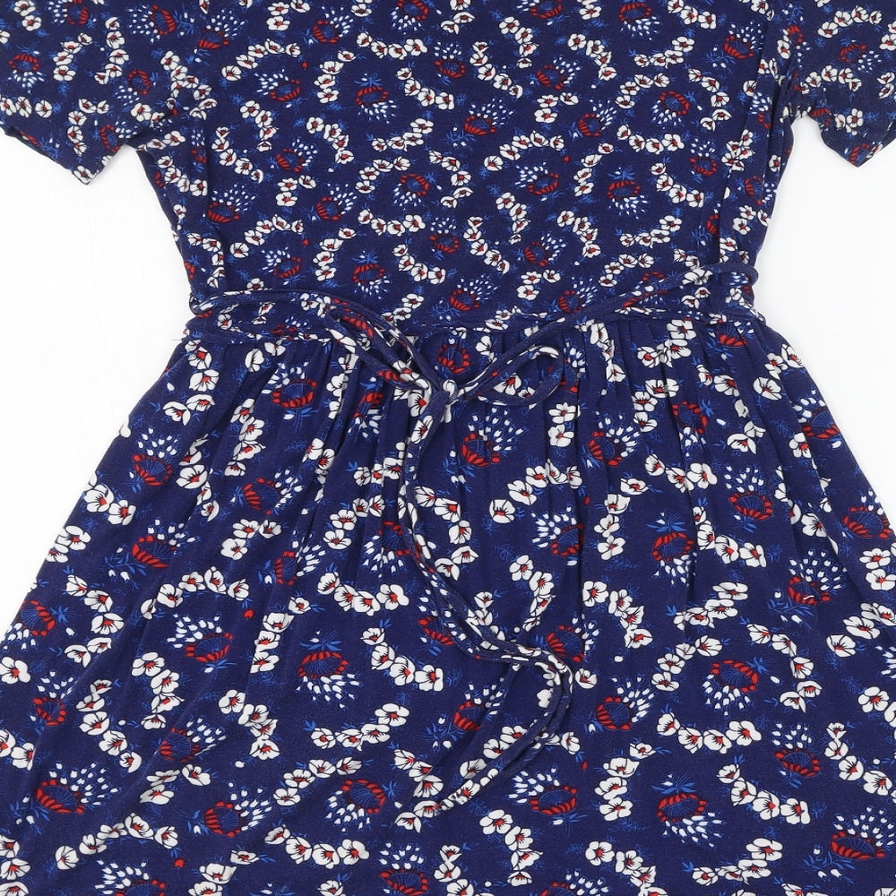 Oasis Womens Blue Floral Viscose Slip Dress  Size S  Round Neck Drawstring