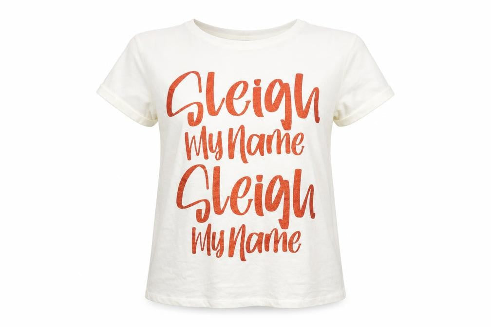 Front view of Pep&Co women’s white 100% cotton basic t-shirt, size S, round neck - sleigh my name sleigh my name