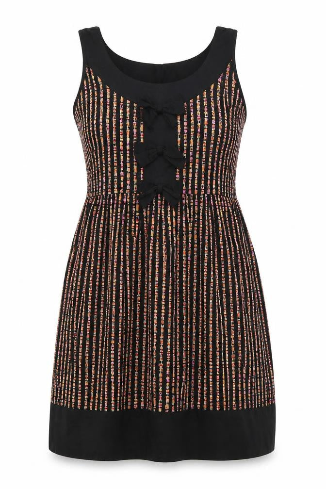 Front view of Zuppe women’s black geometric cotton fit & flare, size UK 4, square neck