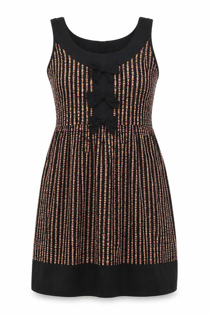 Front view of Zuppe women’s black geometric cotton fit & flare, size UK 4, square neck