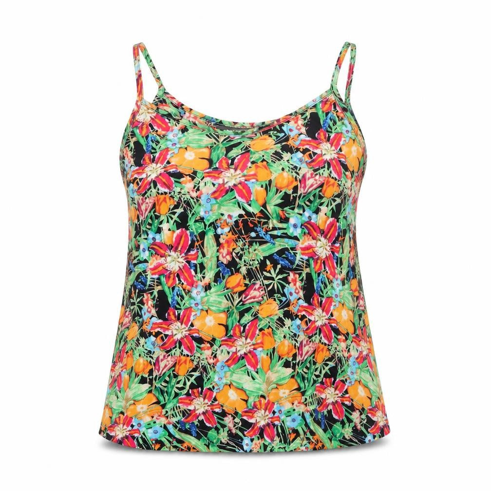 Front view of Exhibit women’s multicoloured floral polyester camisole tank, size UK 10, v-neck