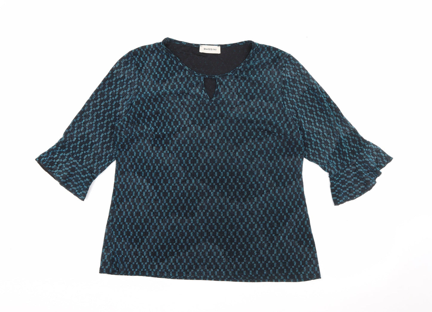 BASSINI Womens Blue Round Neck Geometric Nylon Pullover Jumper Size 16