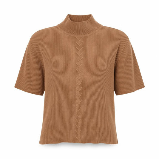 Front view of Country Casuals women’s brown polyester cropped t-shirt, size M, mock neck