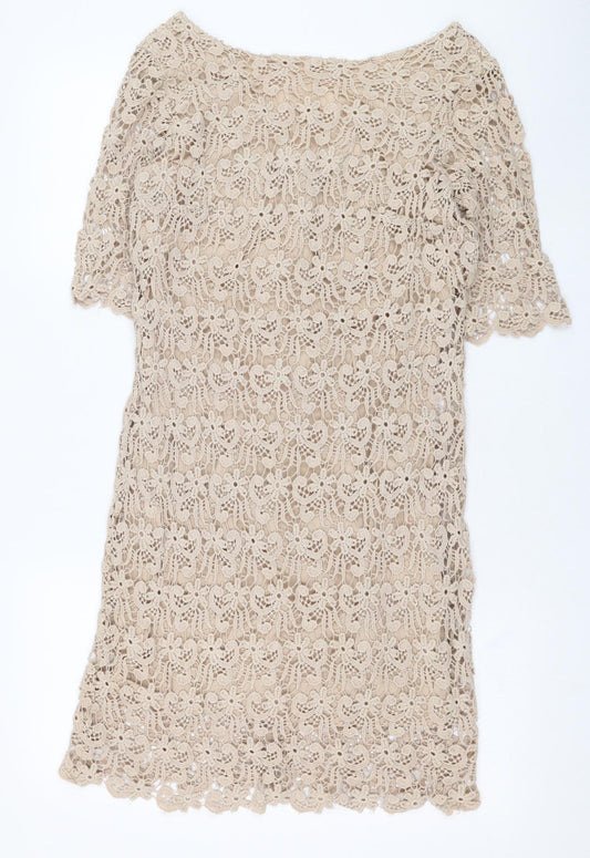 Additional front view of Laura Clément women’s brown cotton shift, size UK 8, round neck zip