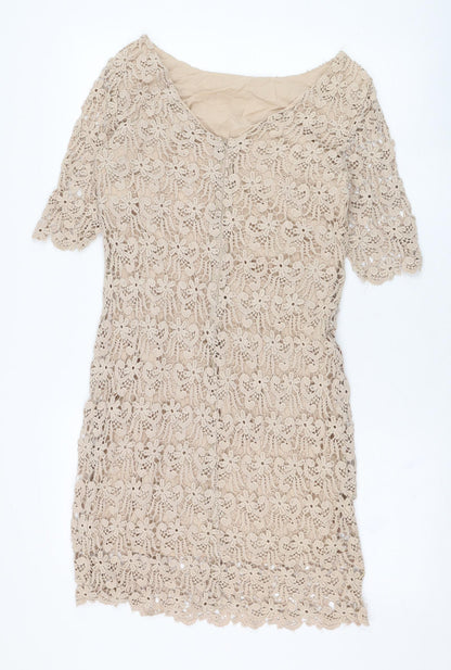 Laura Clément Womens Brown  Cotton Shift  Size 8  Round Neck Zip