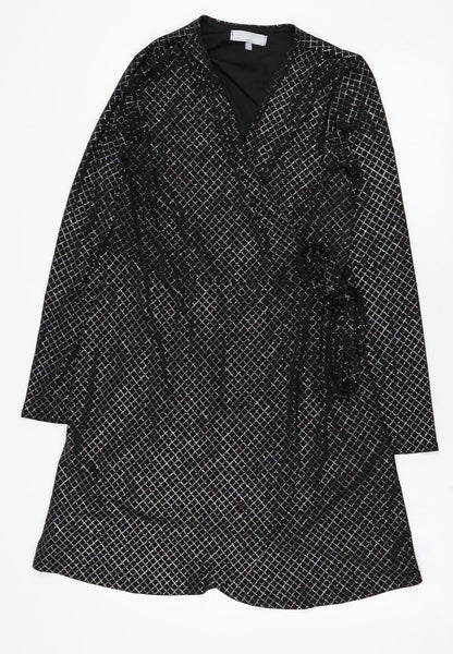 Red Herring Womens Black Check Polyester Wrap Dress  Size 10  V-Neck Tie