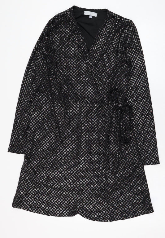 Red Herring Womens Black Check Polyester Wrap Dress  Size 10  V-Neck Tie