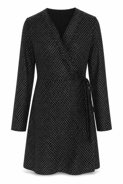 Front view of Red Herring women’s black check polyester wrap dress, size UK 10, v-neck tie