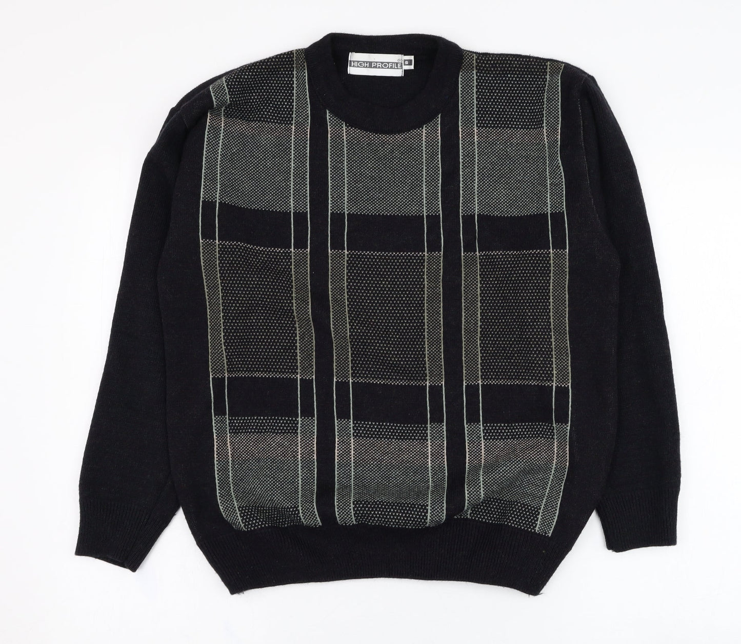 High Profile Mens Black Round Neck Check Acrylic Pullover Jumper Size S