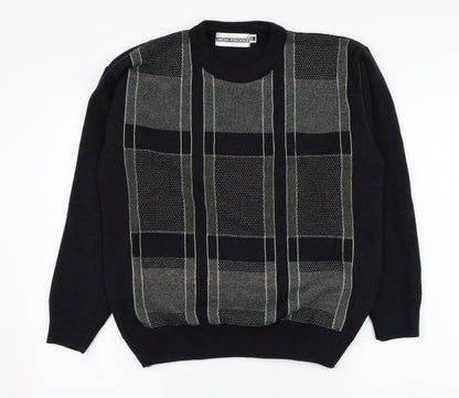 High Profile Mens Black Round Neck Check Acrylic Pullover Jumper Size S