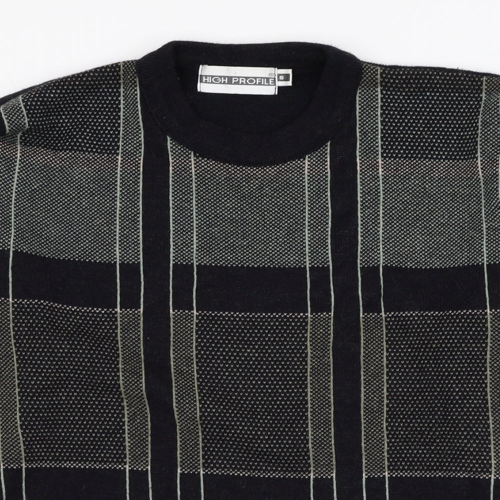 High Profile Mens Black Round Neck Check Acrylic Pullover Jumper Size S