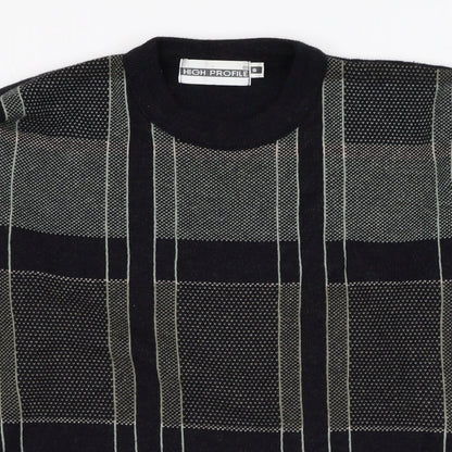 High Profile Mens Black Round Neck Check Acrylic Pullover Jumper Size S