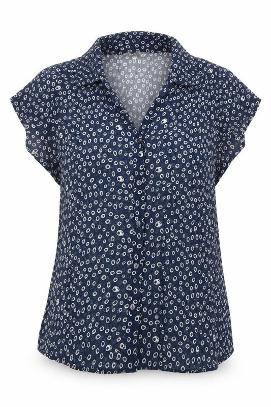 Front view of Katrin women’s blue geometric polyester basic button-up, size UK 14, collared