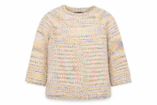 Front view of Miss Selfridge women’s multicoloured crew neck polyester jumper, size UK 8